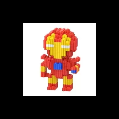 Boneco de montagem estilo super-herói em blocos coloridos vermelho, amarelo e azul