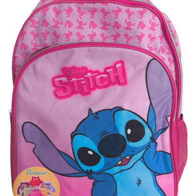 CONJUNTO ESCOLAR MOCHILA E ESTOJO REDONDO STITCH ROSA