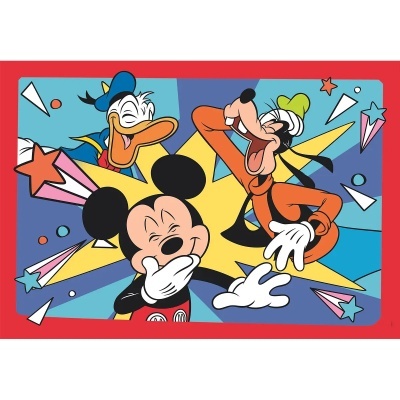 Cartaz colorido com personagens da Disney Mickey Mouse, Pateta e Pato Donald em desenho animado