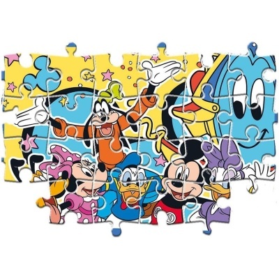 Puzzle infantil com personagens da Disney em fundo amarelo com estrelas.
