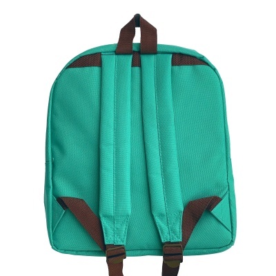 Mochila verde com alças acolchoadas castanhas vista de trás