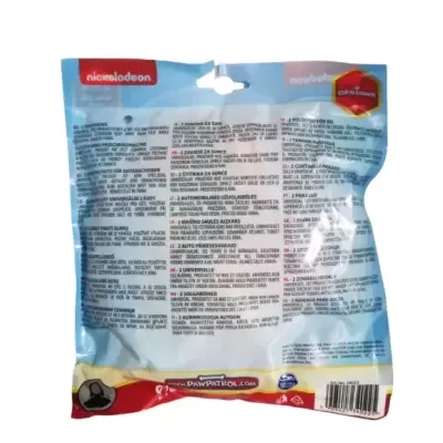 Embalagem de plástico azul e branco com texto e logotipos, incluindo Nickelodeon, vista traseira