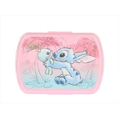 Caixa de plástico rosa com personagem Stitch e boneca Scrump na tampa