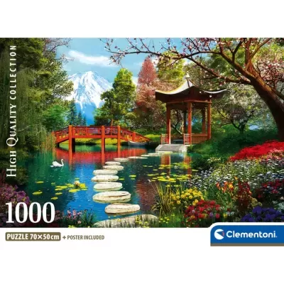 Puzzle de 1000 peças Clementoni com jardim oriental, lago, ponte vermelha e montanha ao fundo.