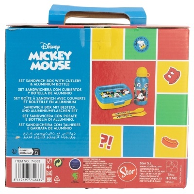 Embalagem set marmita Disney Mickey Mouse com caixa azul, talheres, garrafa alumínio e cores vibrantes