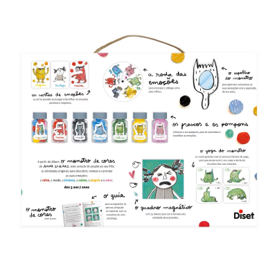 Jogo educativo de emoções com frascos coloridos, cartas ilustrativas e espelho em caixa com corda.