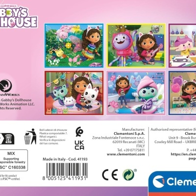 Caixa de puzzle Gabby's Dollhouse com 6 imagens coloridas dos personagens da série