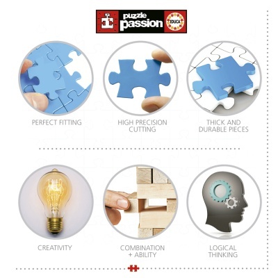 Imagem promocional de puzzle Passion da EDUCA com peças azuis e texto em inglês sobre características e benefícios.