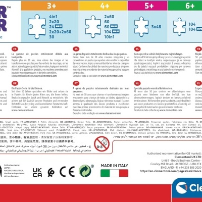 Embalagem de puzzle Super Color com informações e certificações em várias línguas