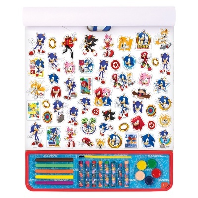 Conjunto de desenho infantil com autocolantes Sonic e material de pintura