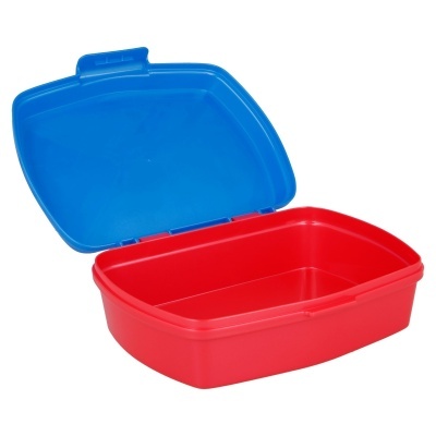 Recipiente de plástico aberto vermelho com tampa azul