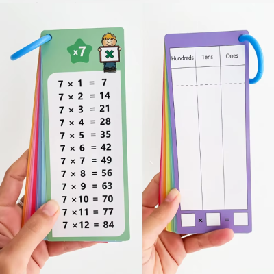 Cartões educativos coloridos para aprendizagem de multiplicação e valores numéricos