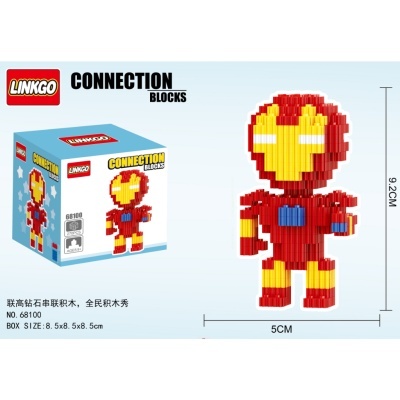 Boneco de blocos Linkgo vermelho, amarelo e azul com embalagem e medidas.