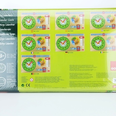 Embalagem de brinquedo educativo Reloj Calendario com relógios coloridos e texto em várias línguas