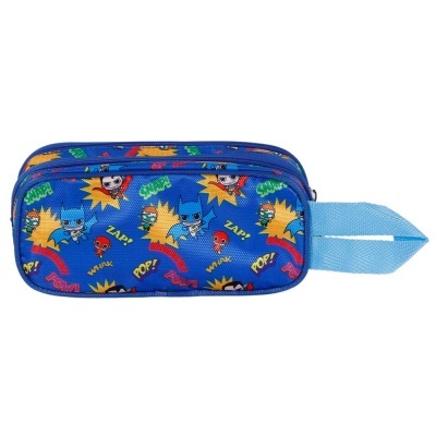 Estojo escolar azul com padrão de personagens e palavras coloridas