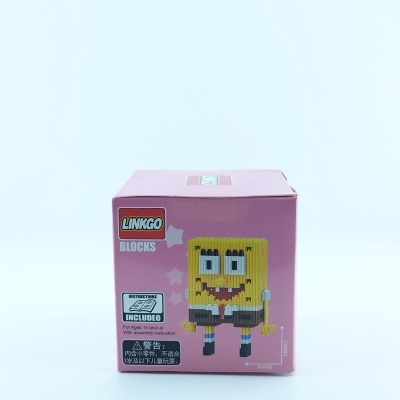 Caixa rosa de blocos de construção LINKGO com personagem amarelo pixelado