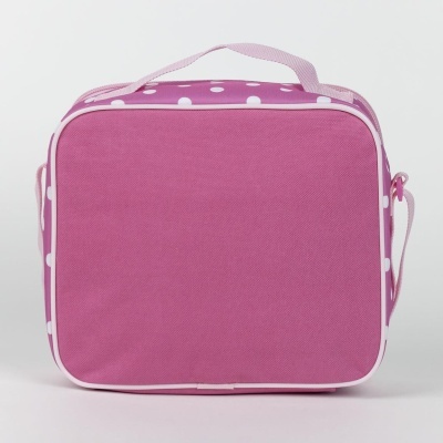 Mala rosa com bolinhas brancas e alça para transporte