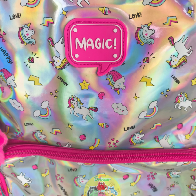mochila holográfica com unicórnios, arco-íris e distintivo MAGIG!