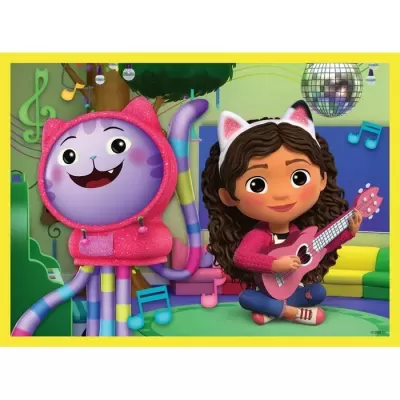 Gato roxo animado com capuz rosa e menina com ukulele cor-de-rosa em ambiente musical colorido