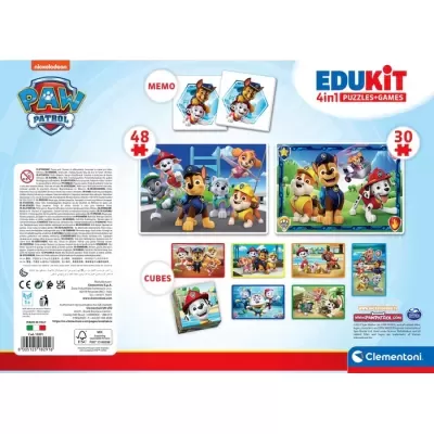 Embalagem do kit EDUKIT Paw Patrol com puzzles, jogo de memória e cubos coloridos