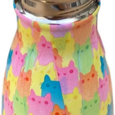 Garrafa térmica colorida com padrão de gatos e tampa de aço inox