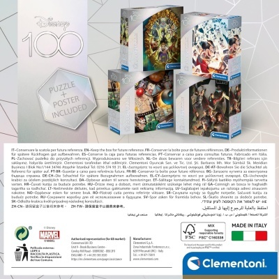 Caixas de puzzles Disney 100 da Clementoni com ilustrações de personagens Disney em várias cores.
