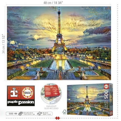 Caixa de puzzle EDUCA Passion 500 peças com imagem da Torre Eiffel iluminada à noite