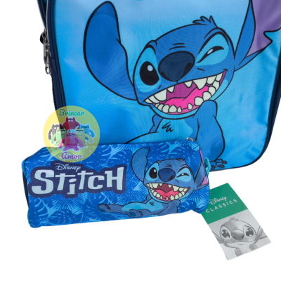 CONJUNTO ESCOLAR MOCHILA E ESTOJO REDONDO STITCH AZUL E PRETO