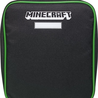Mochila preta Minecraft com bordas verdes e espaço para identificação