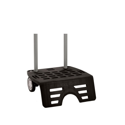 Apoio para criança em plástico preto com rodas e barras cinzentas