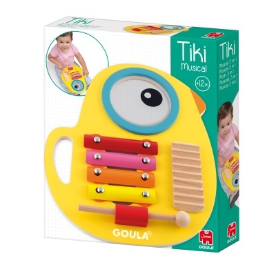 Jogo musical infantil em madeira, forma amarela com barras coloridas e baqueta, na embalagem com texto Tiki musical +12m