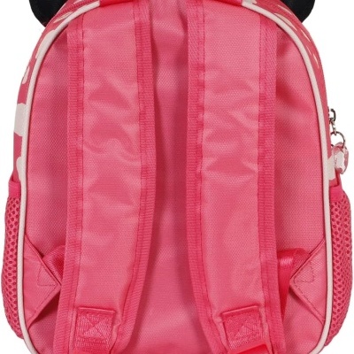 mochila infantil rosa com alças acolchoadas e detalhes pretos tipo orelhas