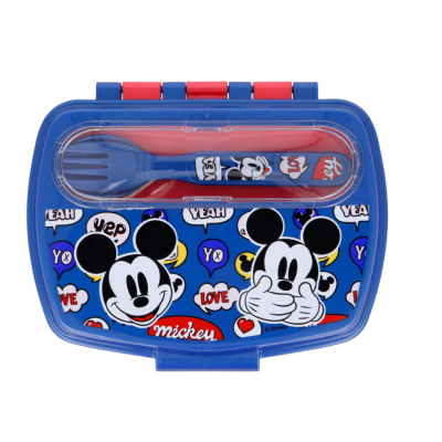 Estojo azul para talheres com decoração do Mickey Mouse e talheres incluídos