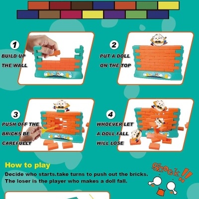 Instruções do jogo BRICK GAME com tijolos laranja e verdes e boneca para jogar