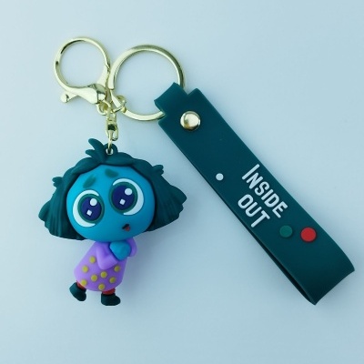 Porta-chaves com personagem azul e tira com texto INSIDE OUT