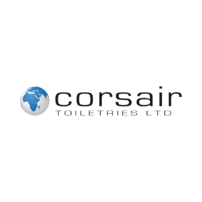 Logotipo Corsair Toiletries Ltd com globo azul e branco