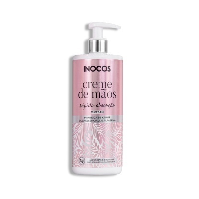 Frasco rosa de creme de mãos INOCOS com tampa de doseador e padrão floral