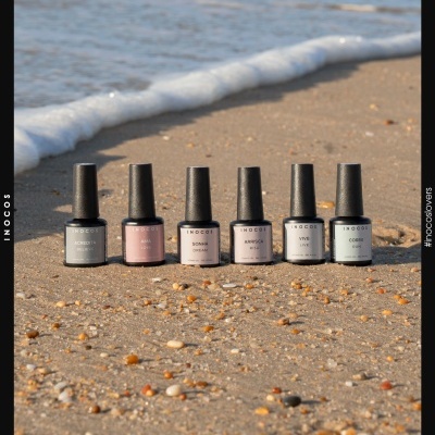 Seis frascos de verniz gel INOCOS em diferentes tons pasteis na areia da praia perto do mar.