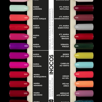 Cartela com 20 amostras de verniz semipermanente Inocos em várias cores, com nomes e frases em fundo branco.