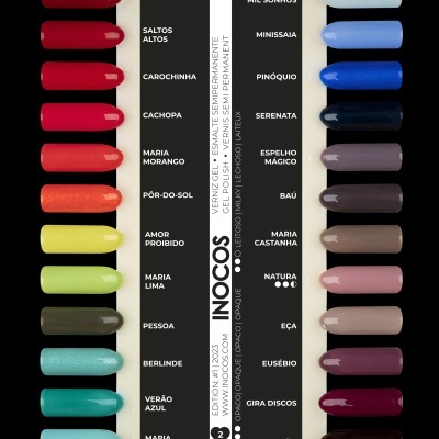 Paleta colorida de vernizes semipermanentes com nomes das cores.