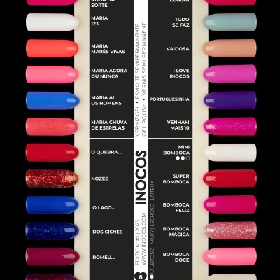 Amostras de verniz gel de várias cores com lista de nomes das cores ao centro.