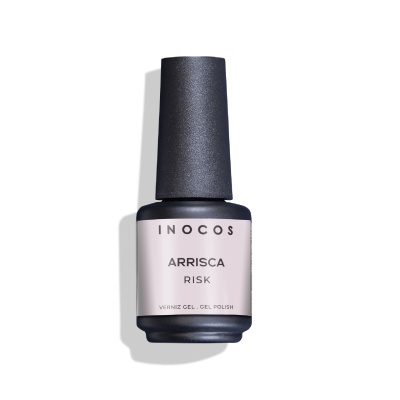 Frasco preto de verniz gel INOCOS ARRISCA com rótulo cor de rosa claro