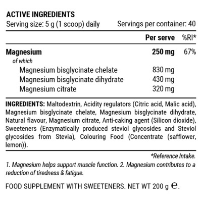 Etiqueta de suplemento de magnésio com ingredientes ativos e valores nutricionais