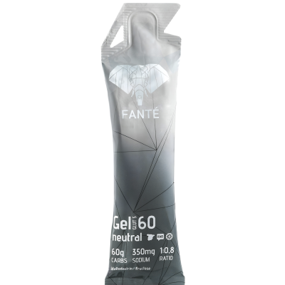 Embalagem de gel energético Fanté em tons cinza com texto branco e desenho de elefante