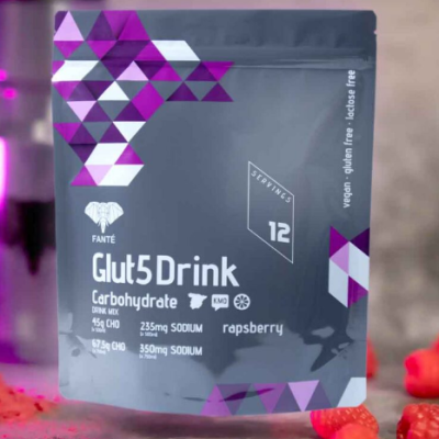Saco de mistura para bebida Fanté Glut5Drink sabor framboesa cinzento e roxo com texto branco