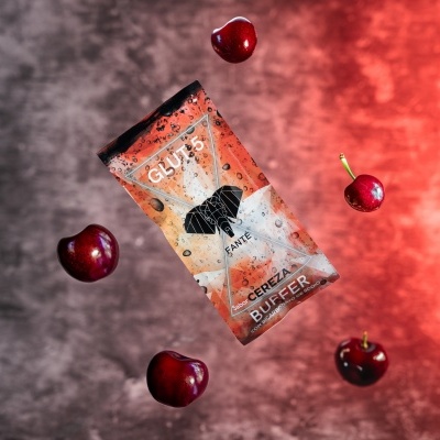 Pacote de cereais Gluten Free com design laranja, branco e preto com borboleta e cerejas ao redor