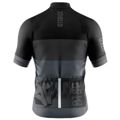 Camisola ciclismo preta e cinzenta com padrões gráficos e reflector