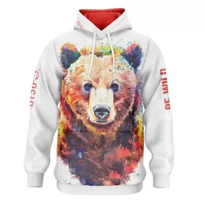 Sweatshirt branco com capuz vermelho e estampa de rosto de urso colorido