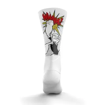 Meia branca com estampa de desenho animado e palavra WHAM em vermelho e amarelo