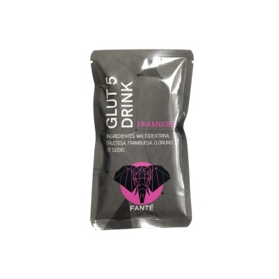 Pacote prateado de bebida GLUT 5 DRINK sabor Framboesa com elefante rosa